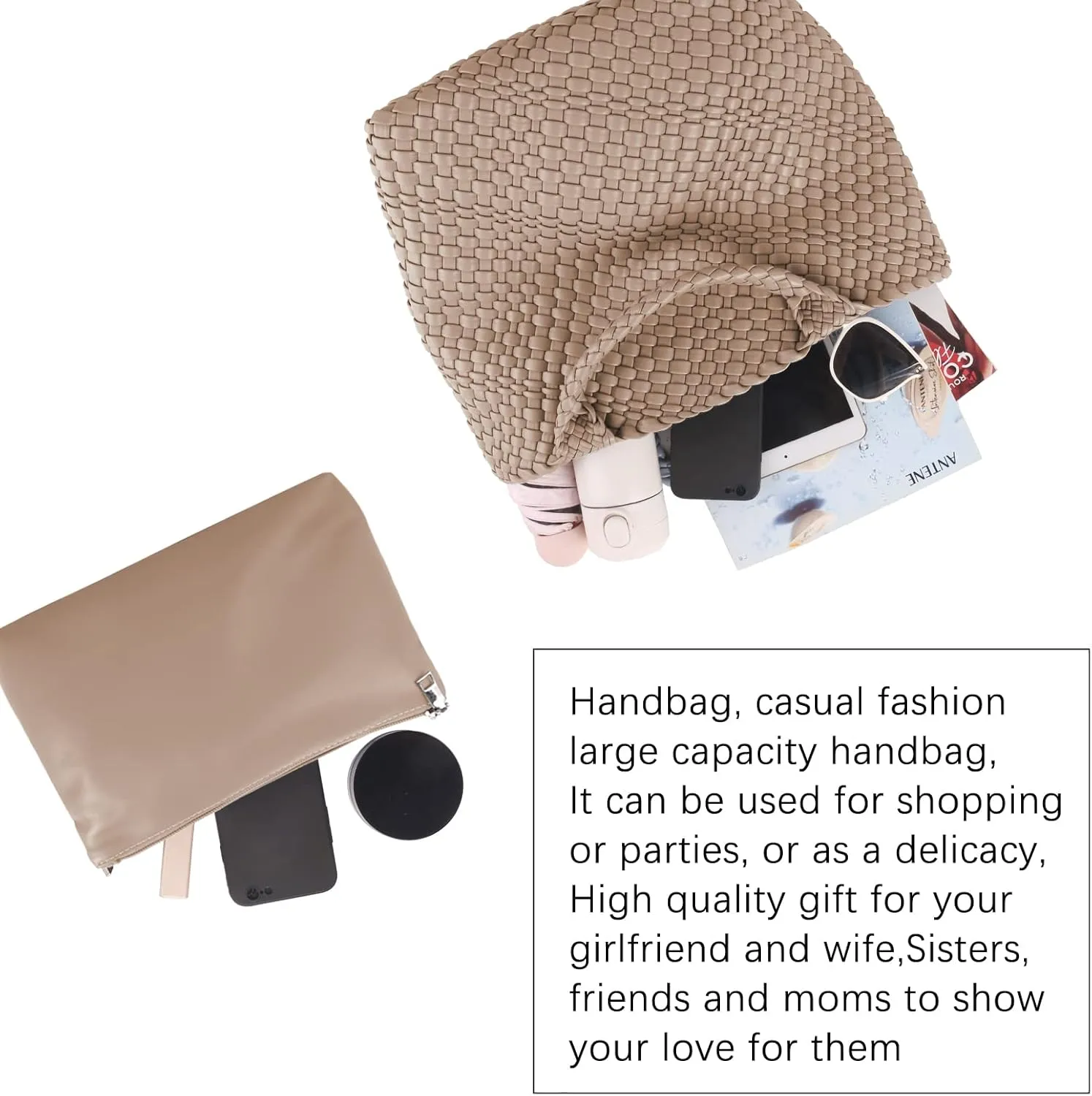 Woven Beach Tote Bag, Women Macaron Soft Leather Weave Handbag with Purse Top-handle Handbag for Work Travel