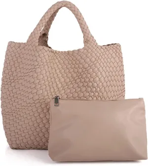Woven Beach Tote Bag, Women Macaron Soft Leather Weave Handbag with Purse Top-handle Handbag for Work Travel