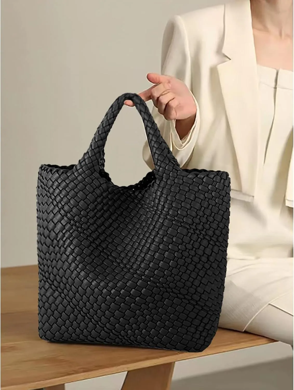 Woven Beach Tote Bag, Women Macaron Soft Leather Weave Handbag with Purse Top-handle Handbag for Work Travel