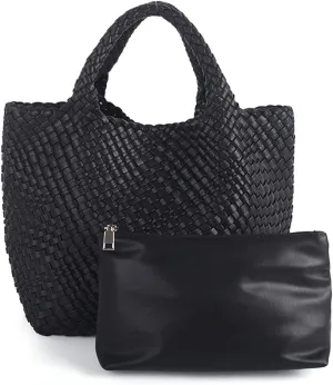 Woven Beach Tote Bag, Women Macaron Soft Leather Weave Handbag with Purse Top-handle Handbag for Work Travel