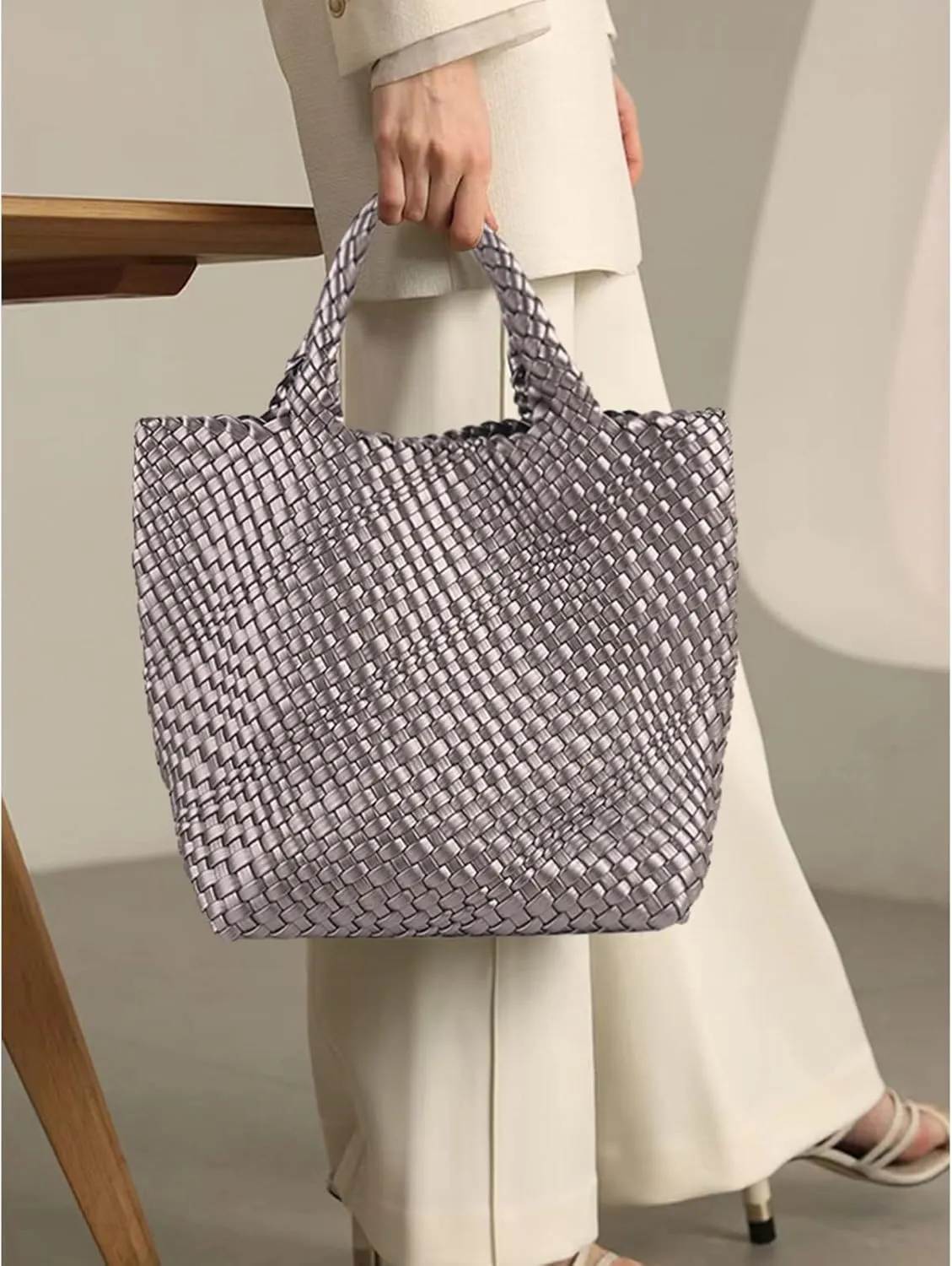 Woven Beach Tote Bag, Women Macaron Soft Leather Weave Handbag with Purse Top-handle Handbag for Work Travel