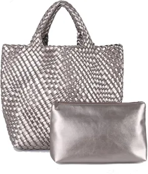 Woven Beach Tote Bag, Women Macaron Soft Leather Weave Handbag with Purse Top-handle Handbag for Work Travel