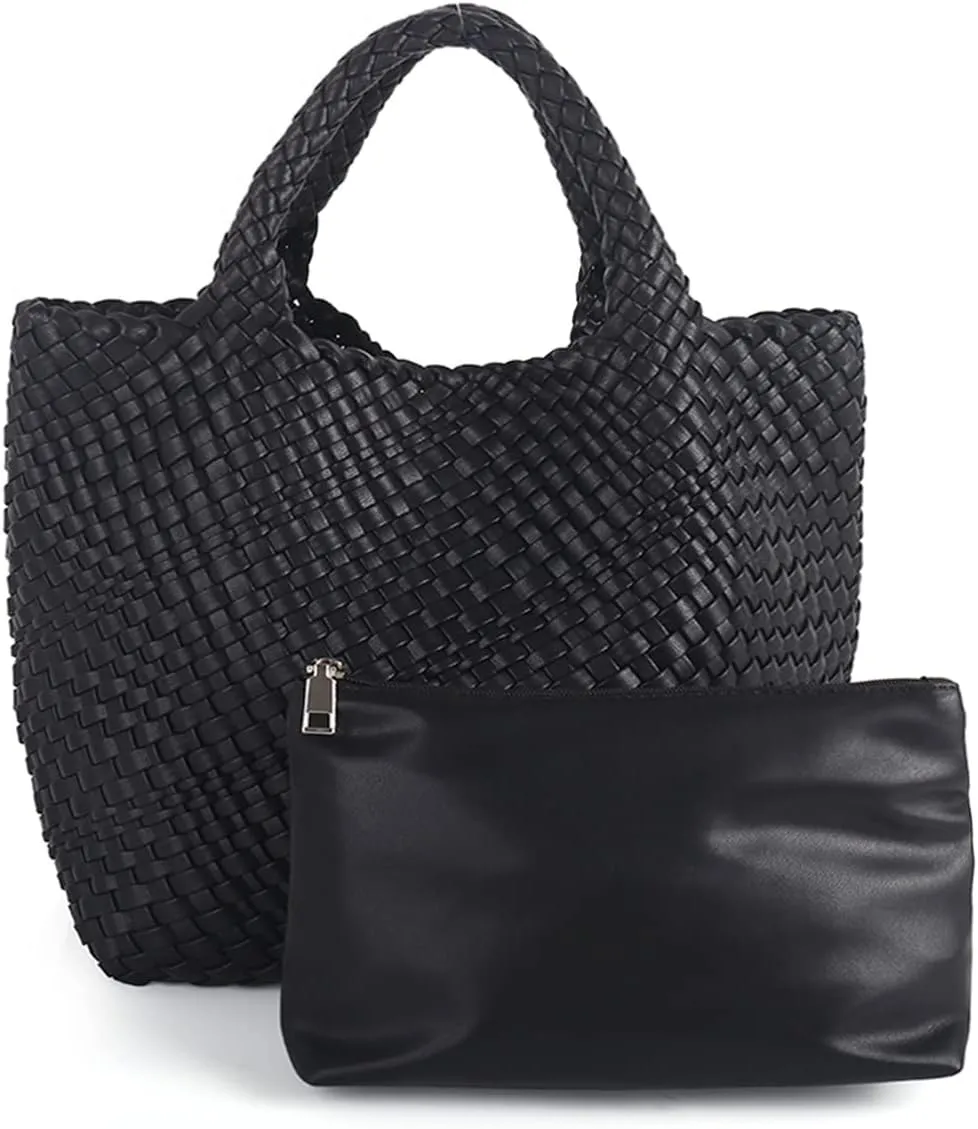 Woven Beach Tote Bag, Women Macaron Soft Leather Weave Handbag with Purse Top-handle Handbag for Work Travel