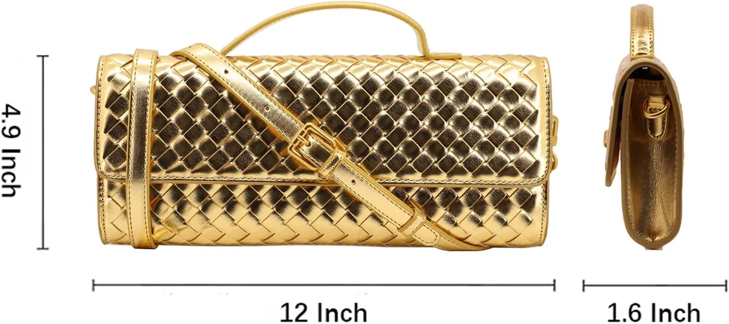Woven Clutch Purse for Women Designer Shoulder Handbag Leather Crossbody Evening Bag with Detachable Chain