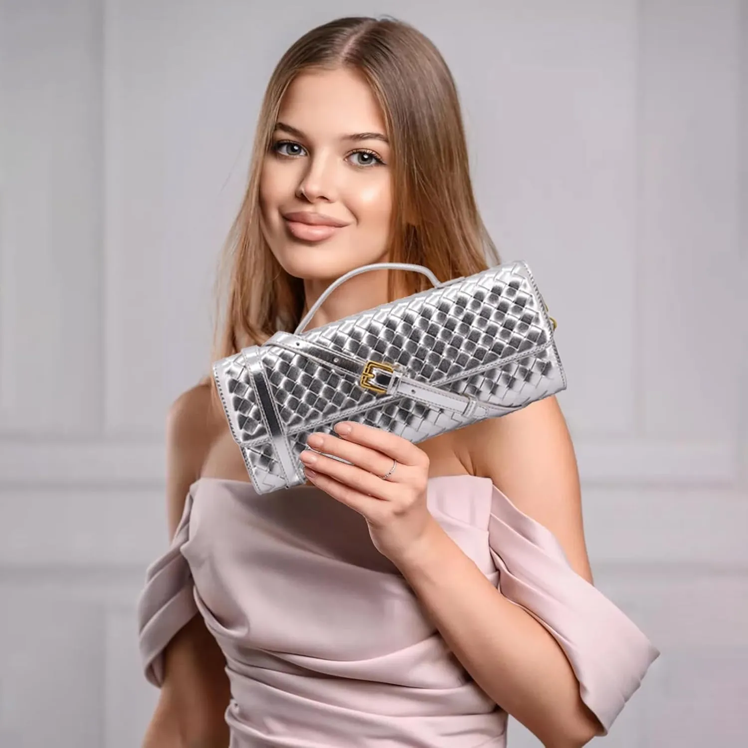 Woven Clutch Purse for Women Designer Shoulder Handbag Leather Crossbody Evening Bag with Detachable Chain