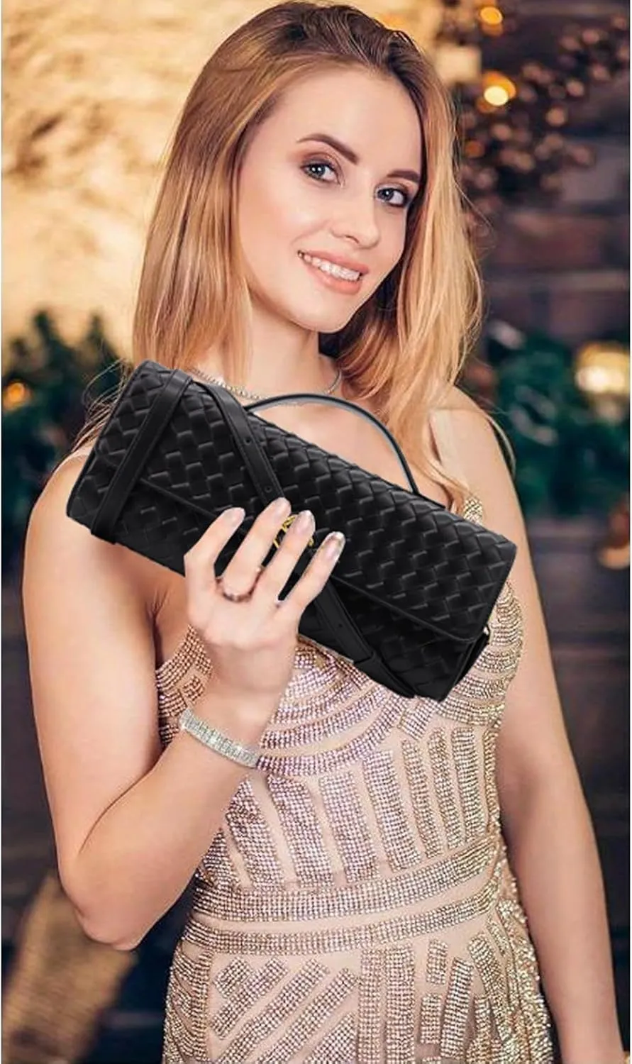 Woven Clutch Purse for Women Designer Shoulder Handbag Leather Crossbody Evening Bag with Detachable Chain
