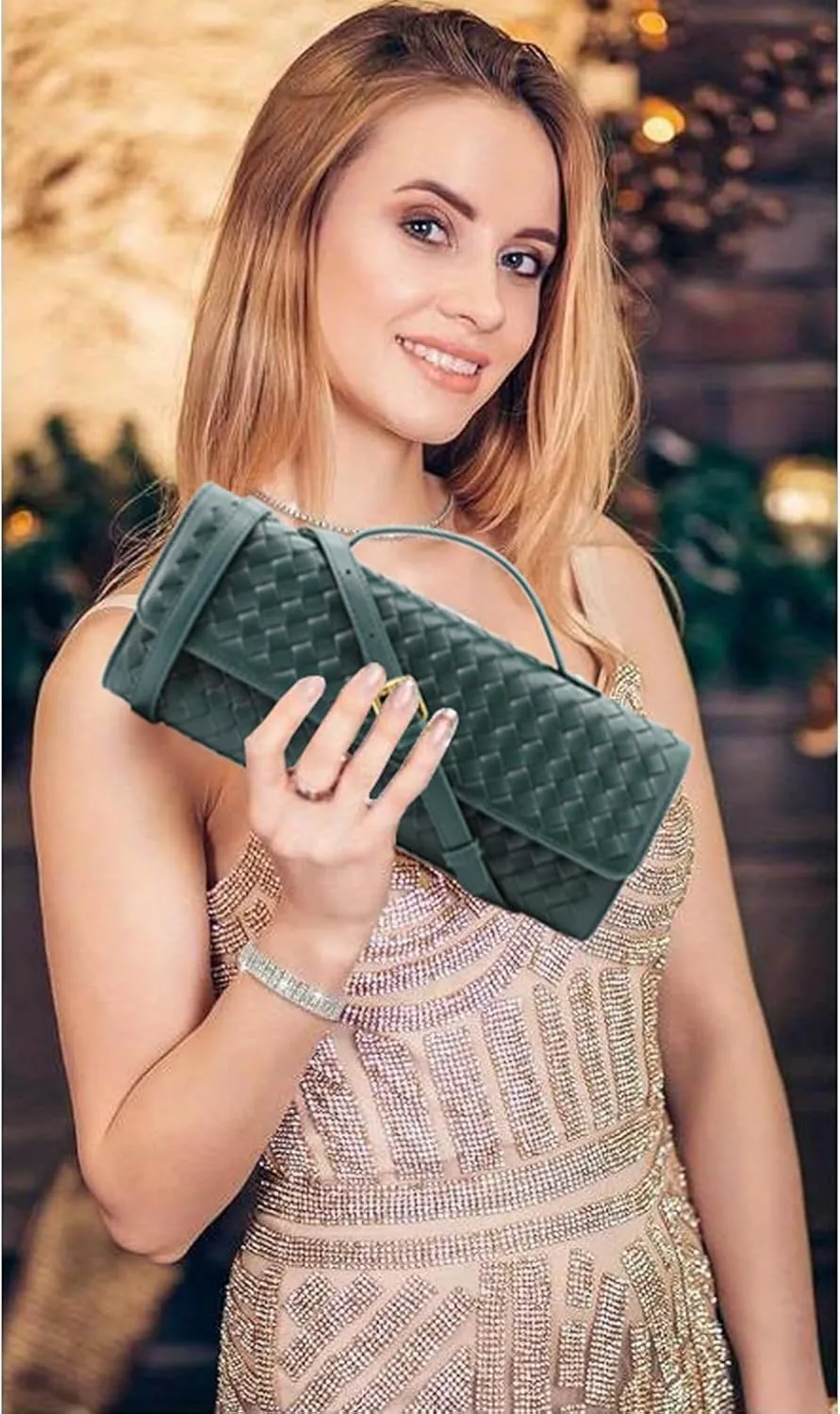 Woven Clutch Purse for Women Designer Shoulder Handbag Leather Crossbody Evening Bag with Detachable Chain