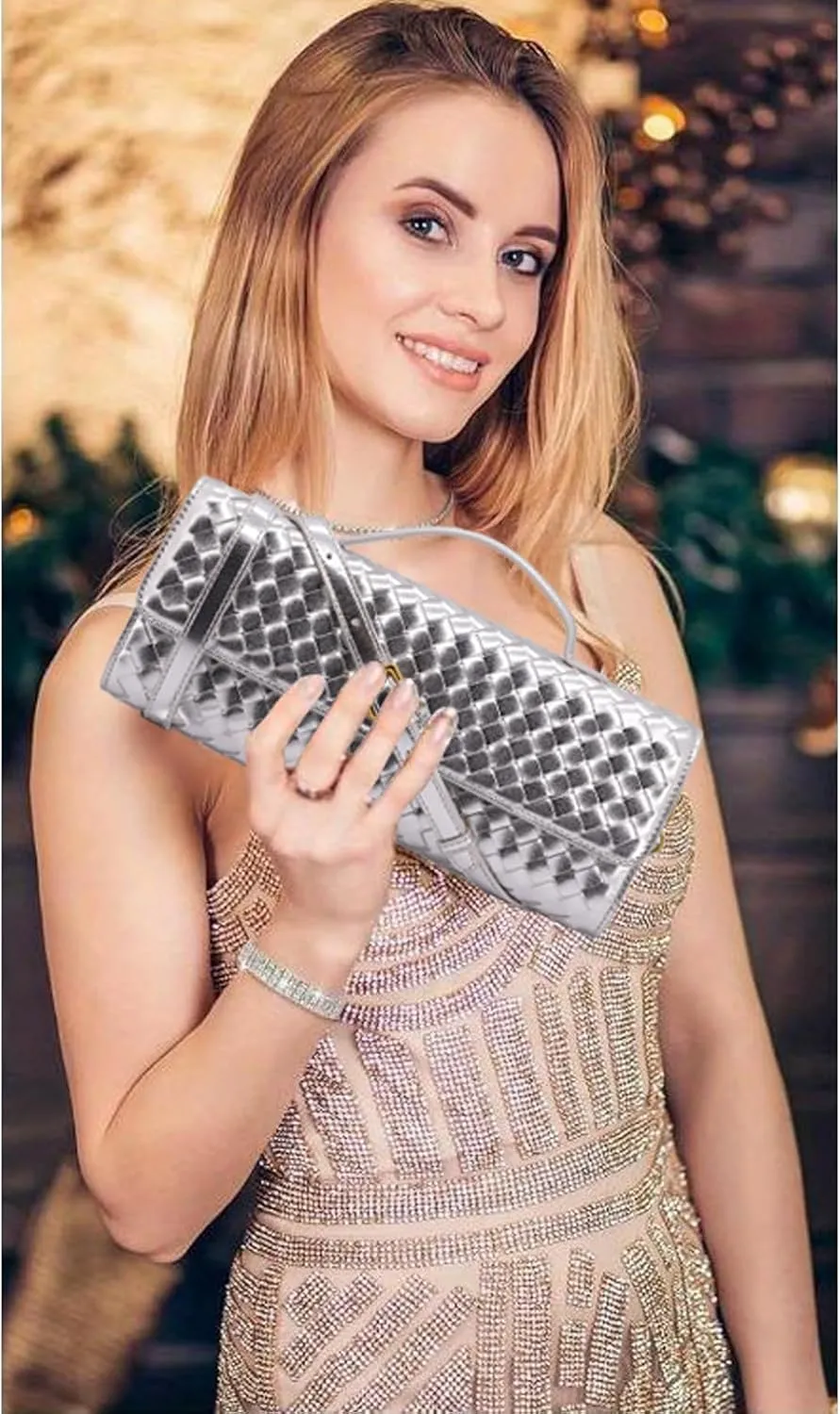 Woven Clutch Purse for Women Designer Shoulder Handbag Leather Crossbody Evening Bag with Detachable Chain