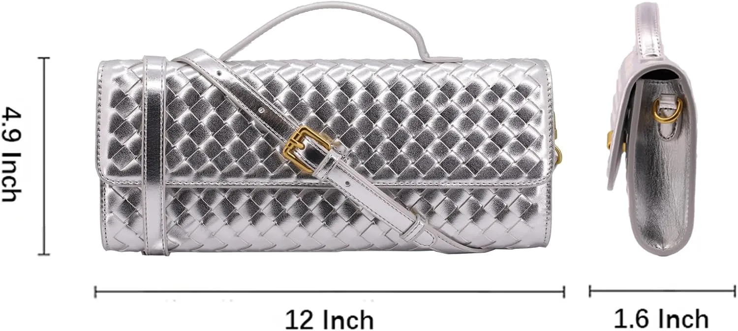 Woven Clutch Purse for Women Designer Shoulder Handbag Leather Crossbody Evening Bag with Detachable Chain