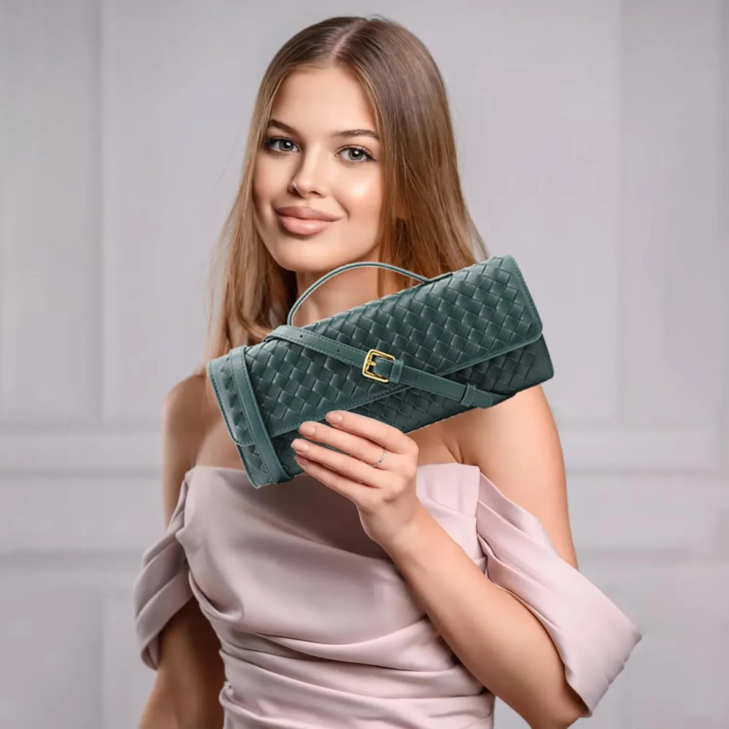 Woven Clutch Purse for Women Designer Shoulder Handbag Leather Crossbody Evening Bag with Detachable Chain