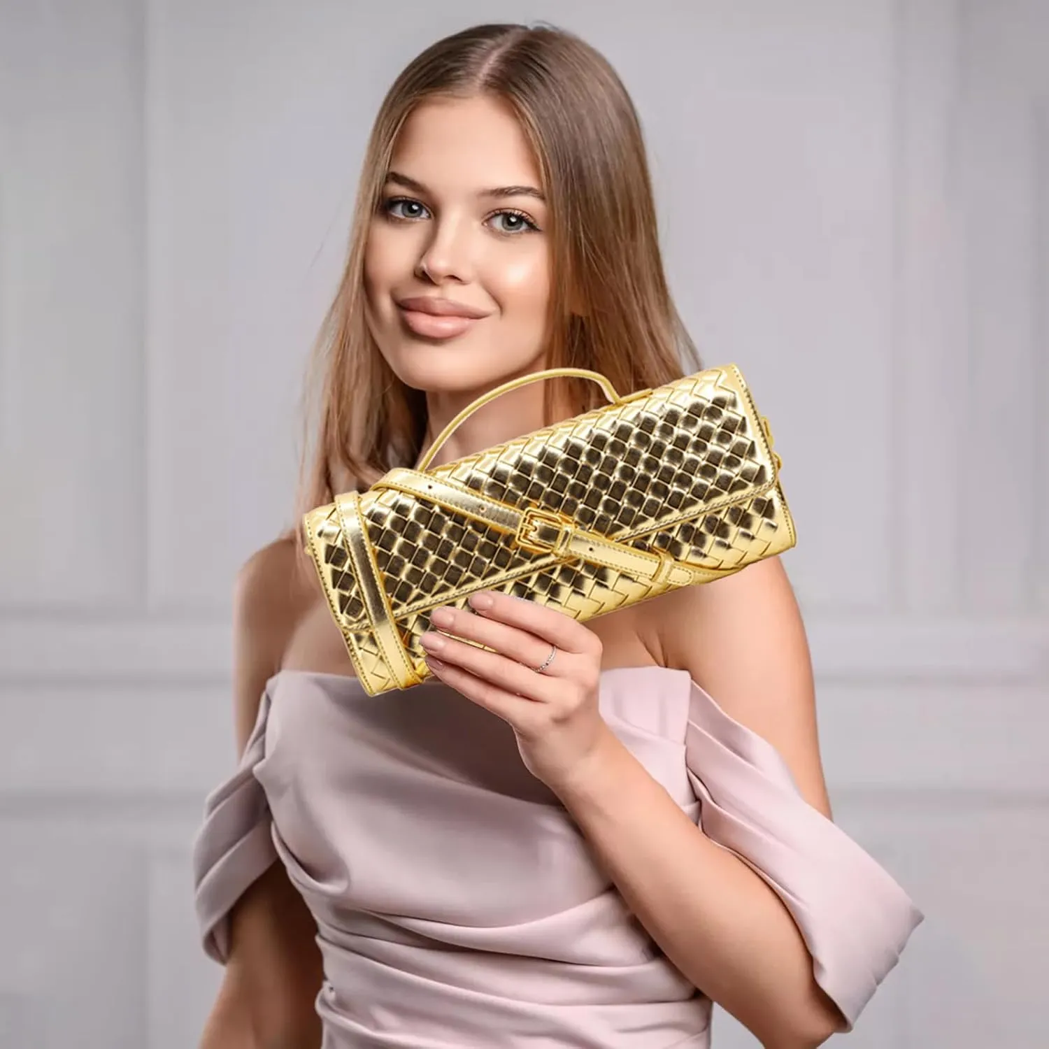 Woven Clutch Purse for Women Designer Shoulder Handbag Leather Crossbody Evening Bag with Detachable Chain