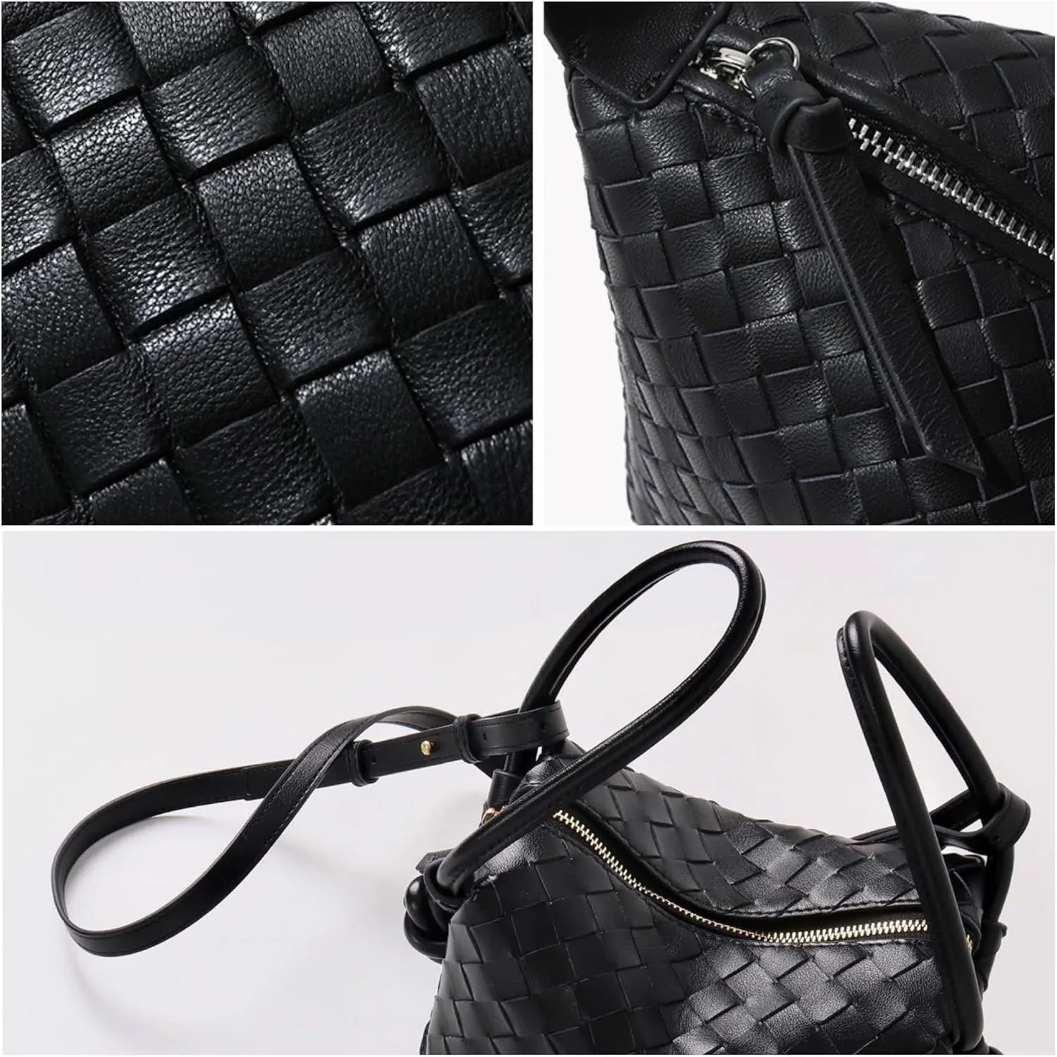 Woven Leather Crossbody Bag, Small Shoulder Purse with Adjustable Strap