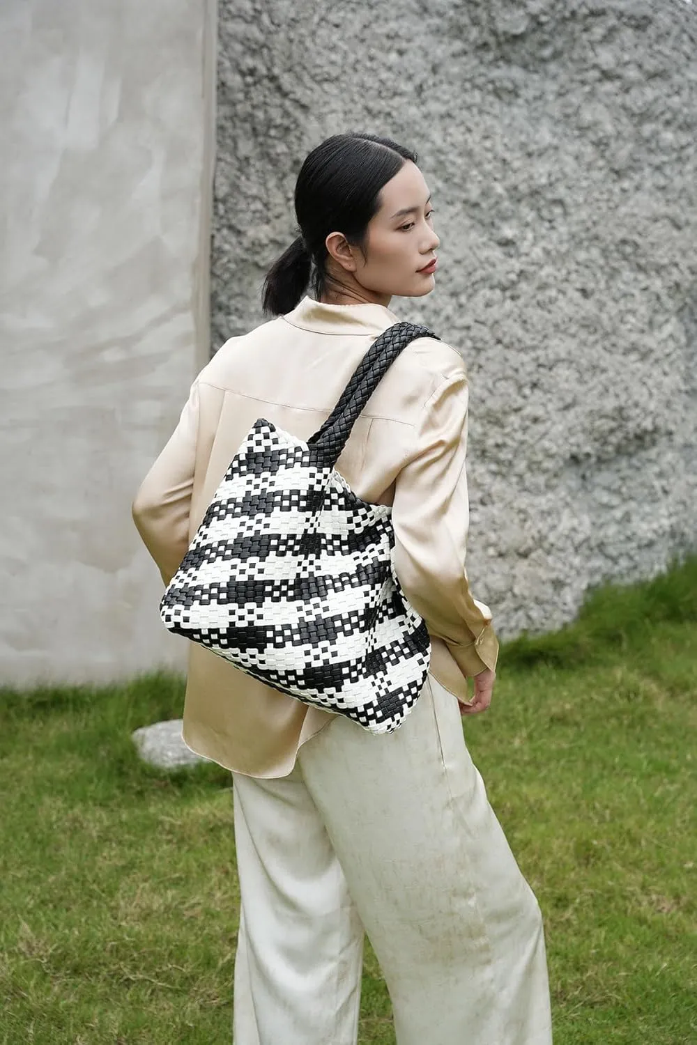 Woven Leather Handbag - Large Tote Bag for Women - Fashion Vegan Leather Tote