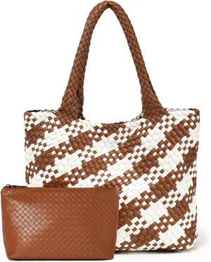 Woven Leather Handbag - Large Tote Bag for Women - Fashion Vegan Leather Tote