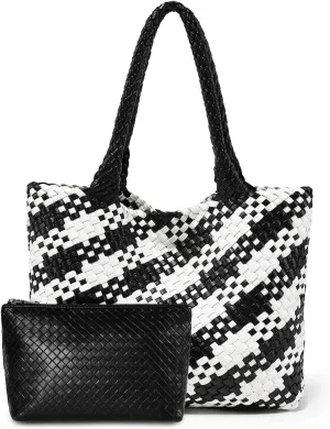 Woven Leather Handbag - Large Tote Bag for Women - Fashion Vegan Leather Tote