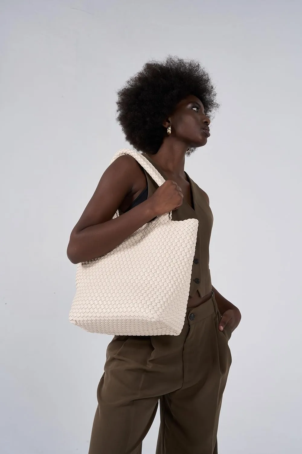 Woven Leather Handbag - Large Tote Bag for Women - Fashion Vegan Leather Tote