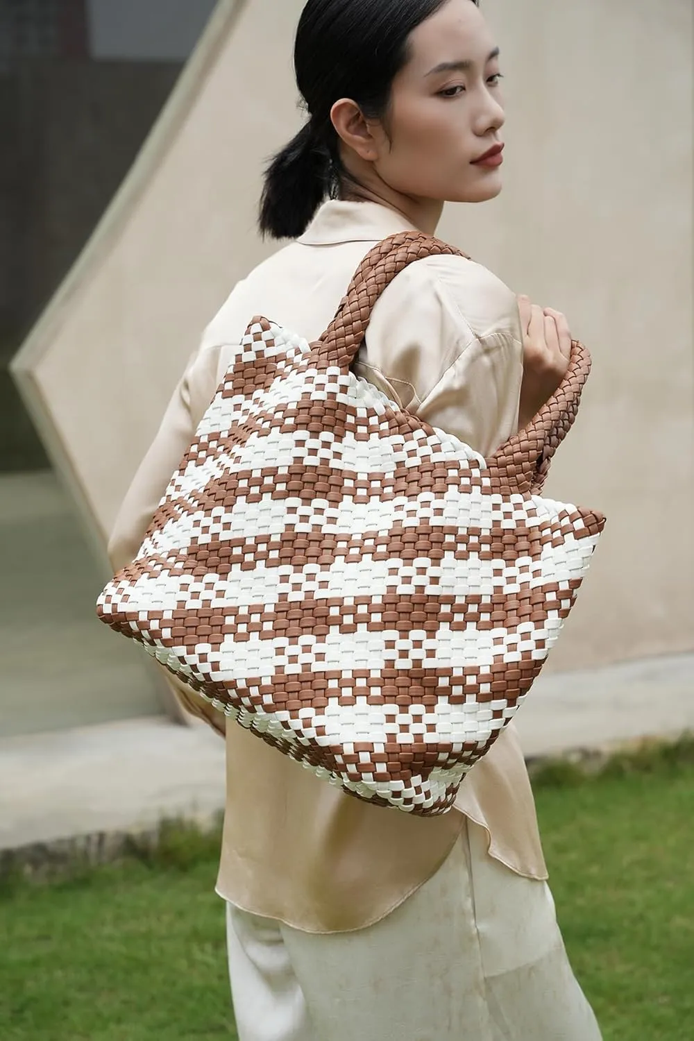 Woven Leather Handbag - Large Tote Bag for Women - Fashion Vegan Leather Tote