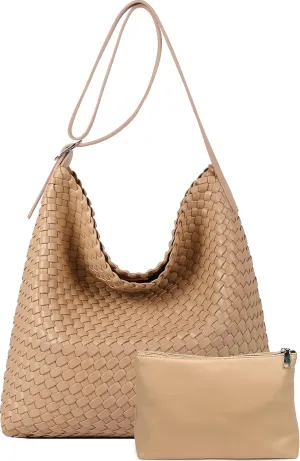 Woven Shoulder Bag for Women, Vegan Leather Tote Bag Large Summer Beach Handmade Satchel Travel Handbag