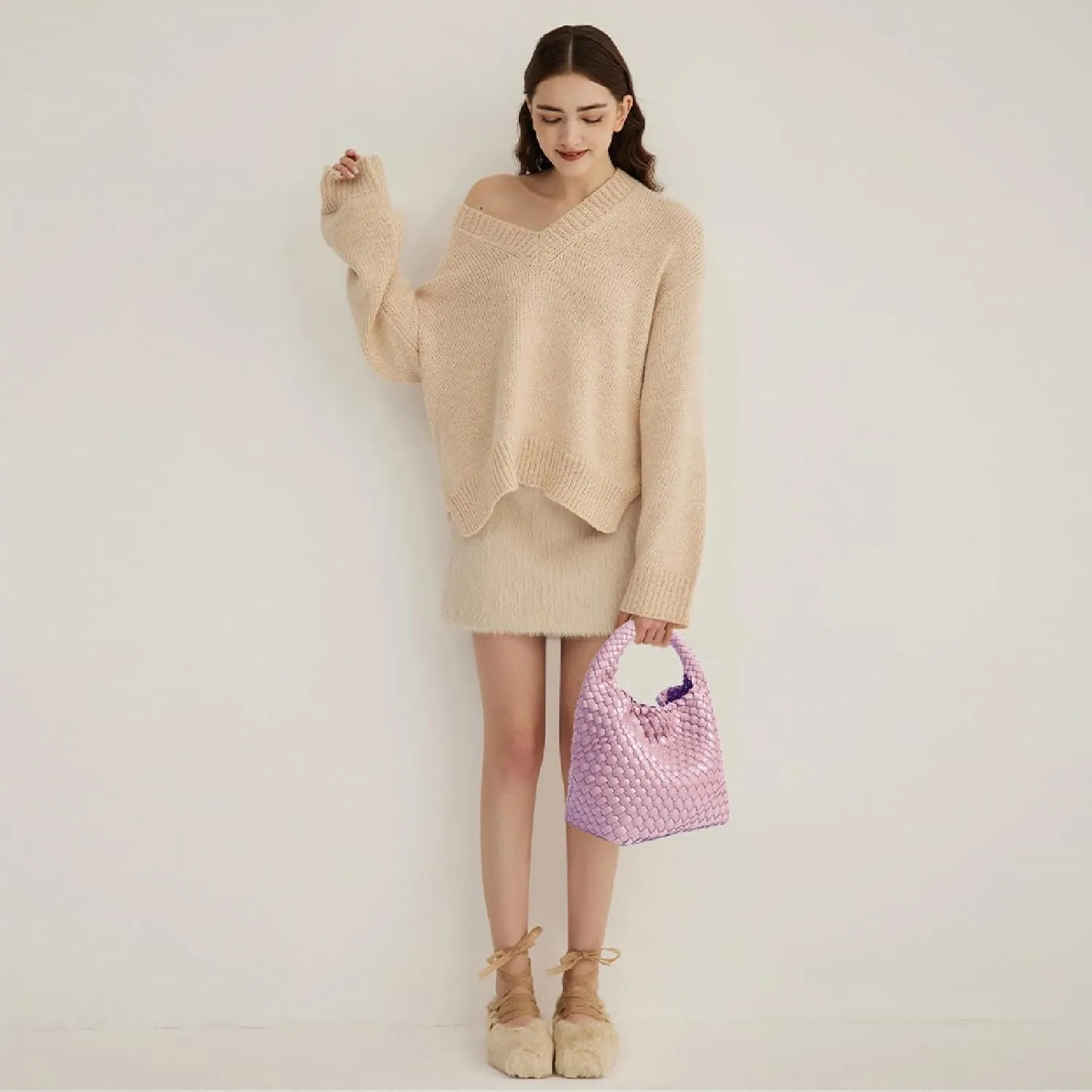 Woven Tote Bag For Women, Soft Foldable Top-Handle Wristlet Bag, Fashion Hobo Handbag, Composite Bag with Coin Purse