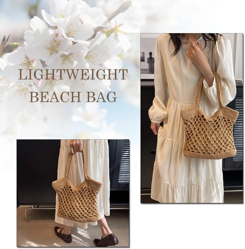 Woven Tote Bag for Women, Summer Beach Bag Large Crochet Shoulder Purse Handbag Boho Knit Bag for Summer Travel