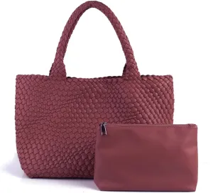 Woven Tote Bag for Women Vegan Leather Large Capacity Travel Handbag and Purse Foldable Retro Handmade Shoulder Bag