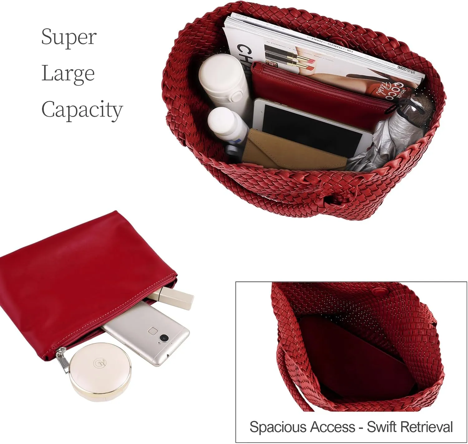 Woven Tote Bag for Women Vegan Leather Large Capacity Travel Handbag and Purse Foldable Retro Handmade Shoulder Bag