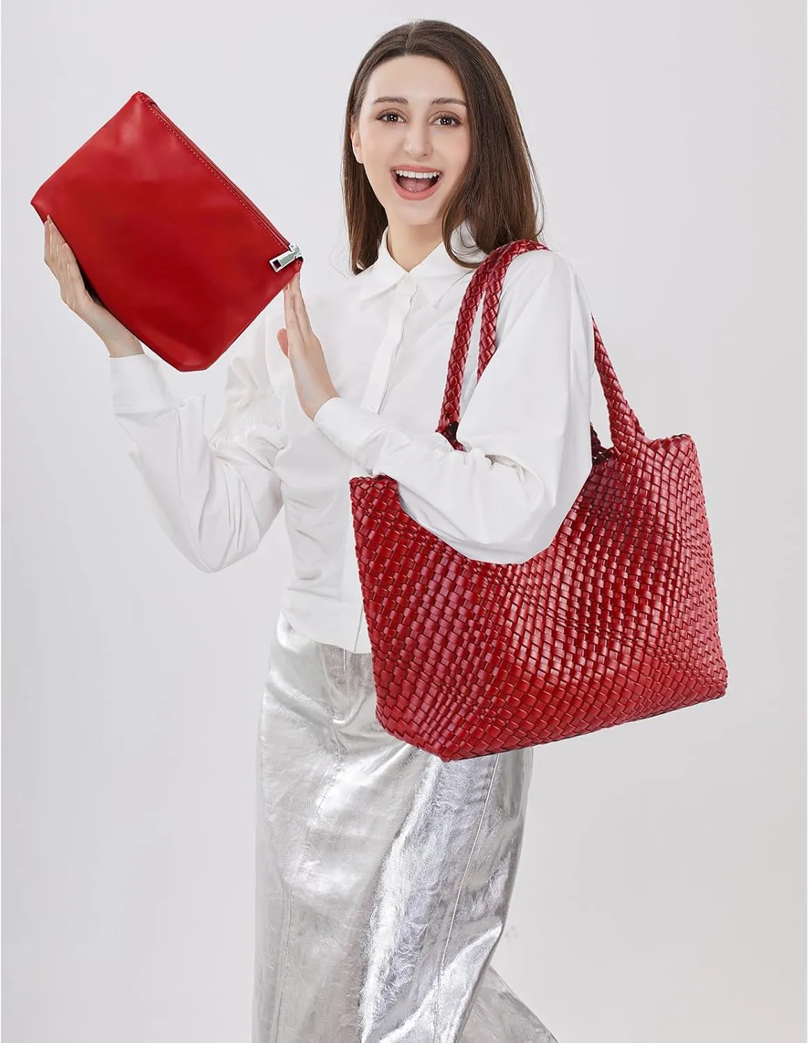 Woven Tote Bag for Women Vegan Leather Large Capacity Travel Handbag and Purse Foldable Retro Handmade Shoulder Bag