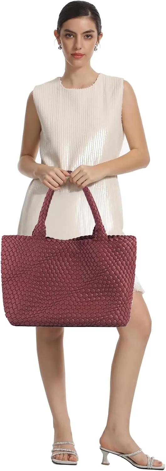 Woven Tote Bag for Women Vegan Leather Large Capacity Travel Handbag and Purse Foldable Retro Handmade Shoulder Bag