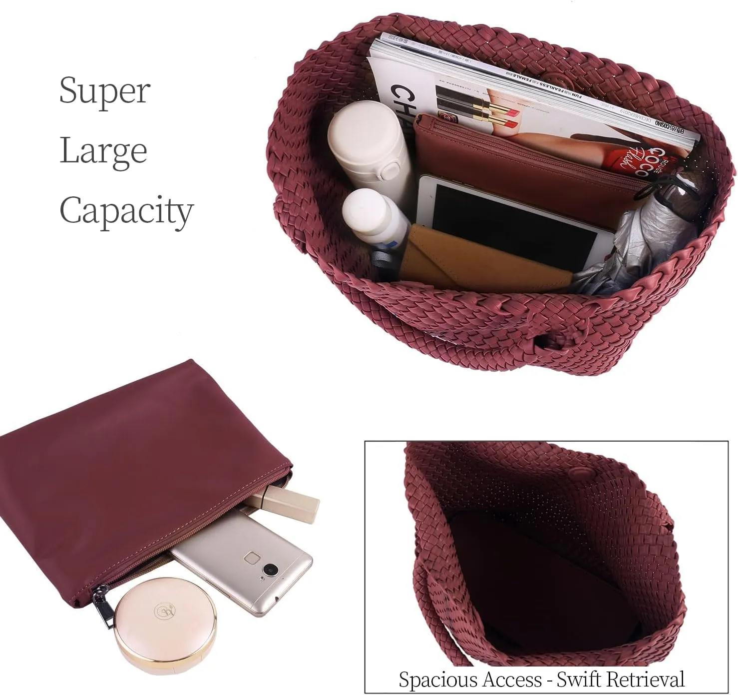 Woven Tote Bag for Women Vegan Leather Large Capacity Travel Handbag and Purse Foldable Retro Handmade Shoulder Bag