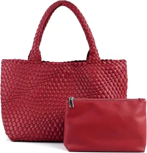 Woven Tote Bag for Women Vegan Leather Large Capacity Travel Handbag and Purse Foldable Retro Handmade Shoulder Bag