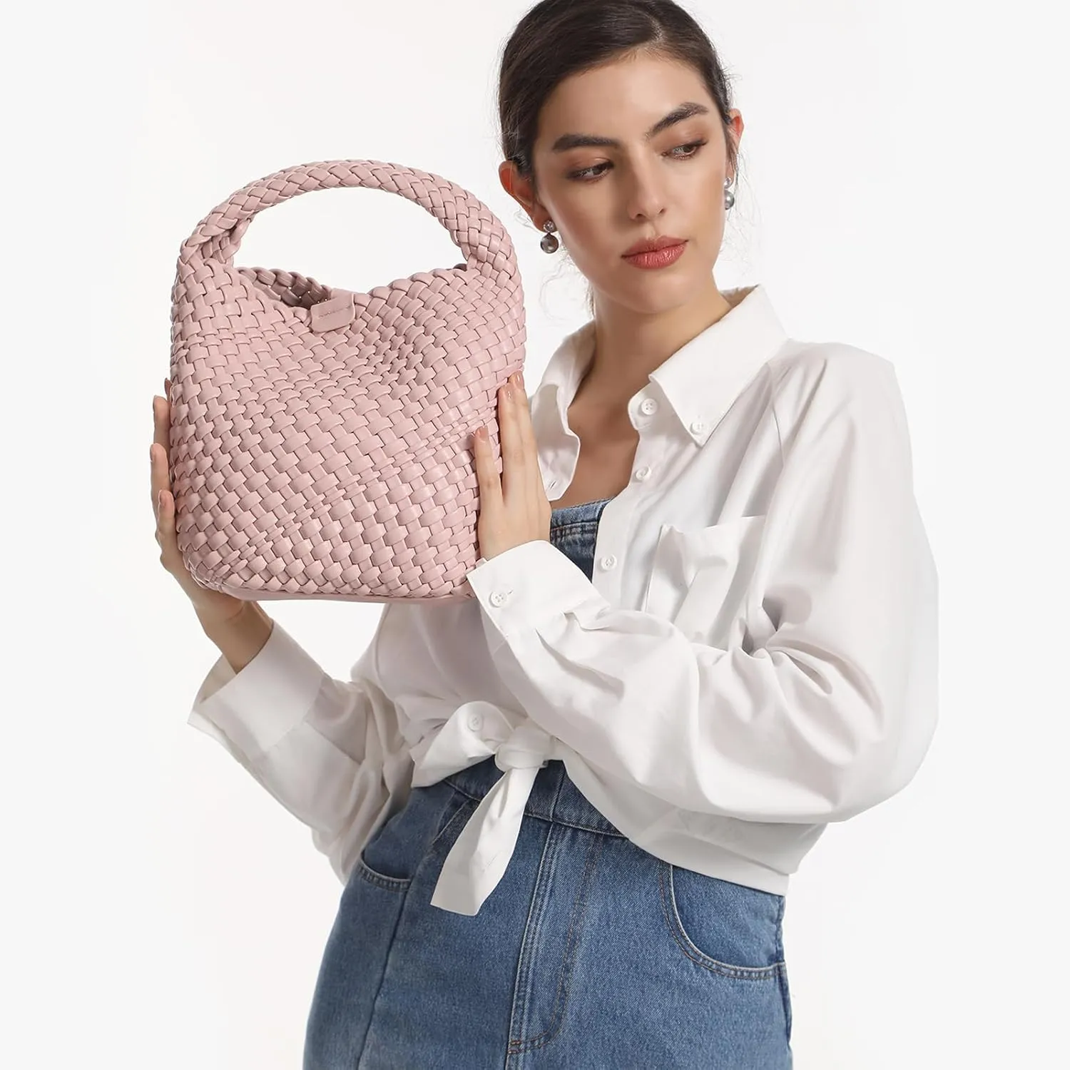 Woven Tote Bag for Women Vegan Leather Medium Size Summer Beach Travel Handbag and Purse Retro Handmade Shoulder Bag