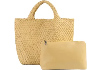 Woven Vegan Leather Handmade Tote for Women - Summer Beach Travel Hand Bag, Purse, Satchel Handbag