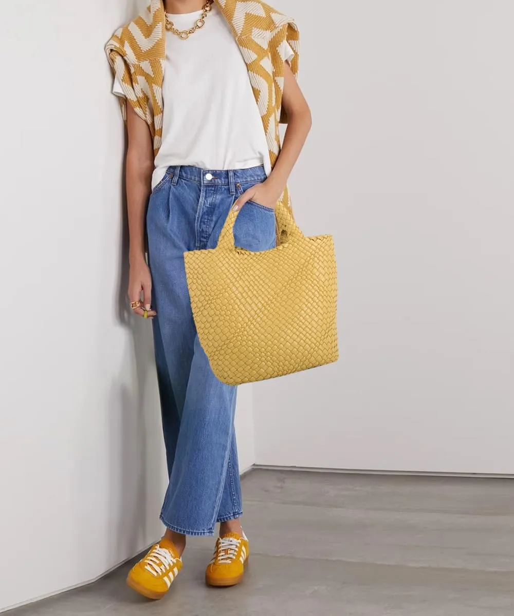 Woven Vegan Leather Handmade Tote for Women - Summer Beach Travel Hand Bag, Purse, Satchel Handbag