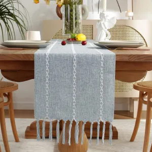Wracra Rustic Linen Table Runner Farmhouse Style Table Runners 60 inches Long Embroidered Table Runner with Hand-Tassels for Party, Dresser Decor and Dining Room Decorations (Dusty Blue, 13"×60")