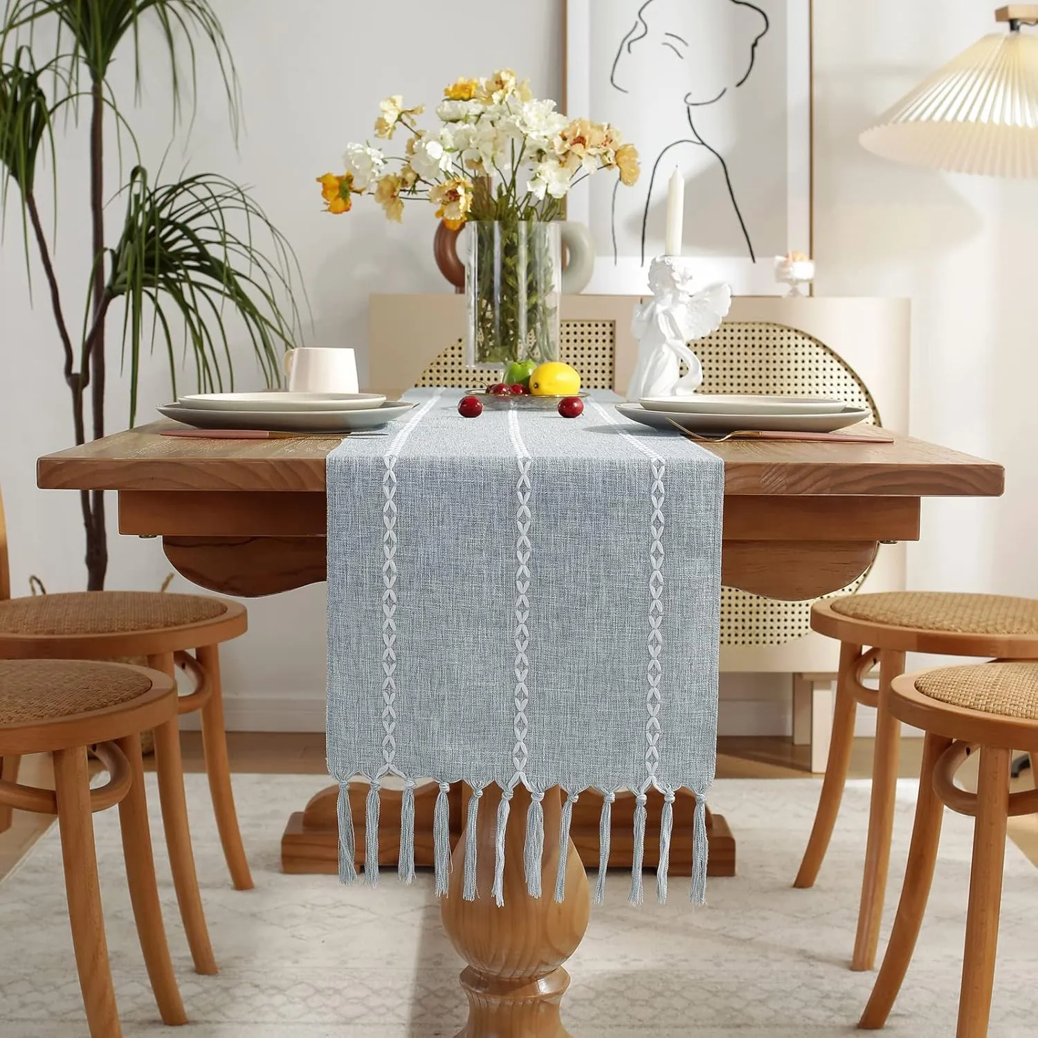 Wracra Rustic Linen Table Runner Farmhouse Style Table Runners 60 inches Long Embroidered Table Runner with Hand-Tassels for Party, Dresser Decor and Dining Room Decorations (Dusty Blue, 13"×60")