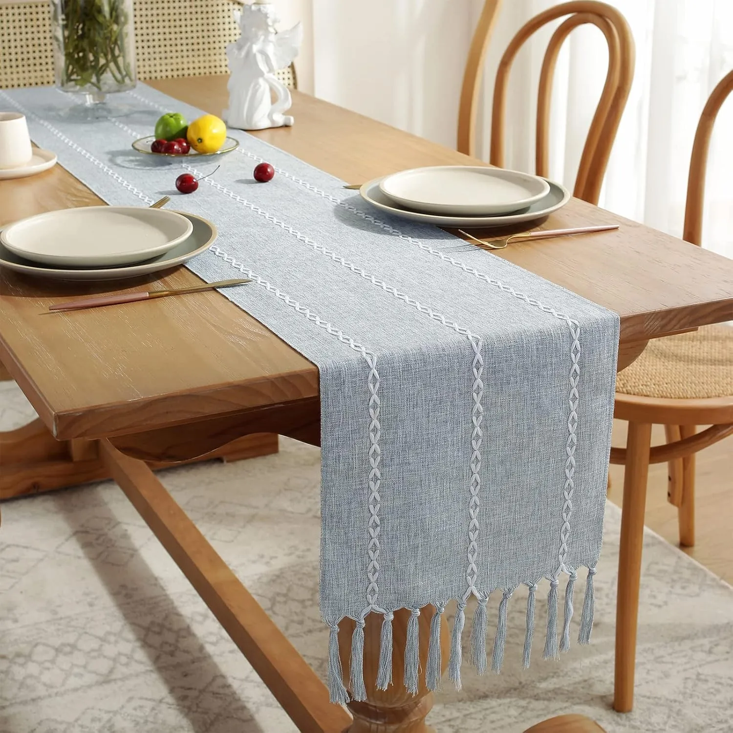 Wracra Rustic Linen Table Runner Farmhouse Style Table Runners 60 inches Long Embroidered Table Runner with Hand-Tassels for Party, Dresser Decor and Dining Room Decorations (Dusty Blue, 13"×60")