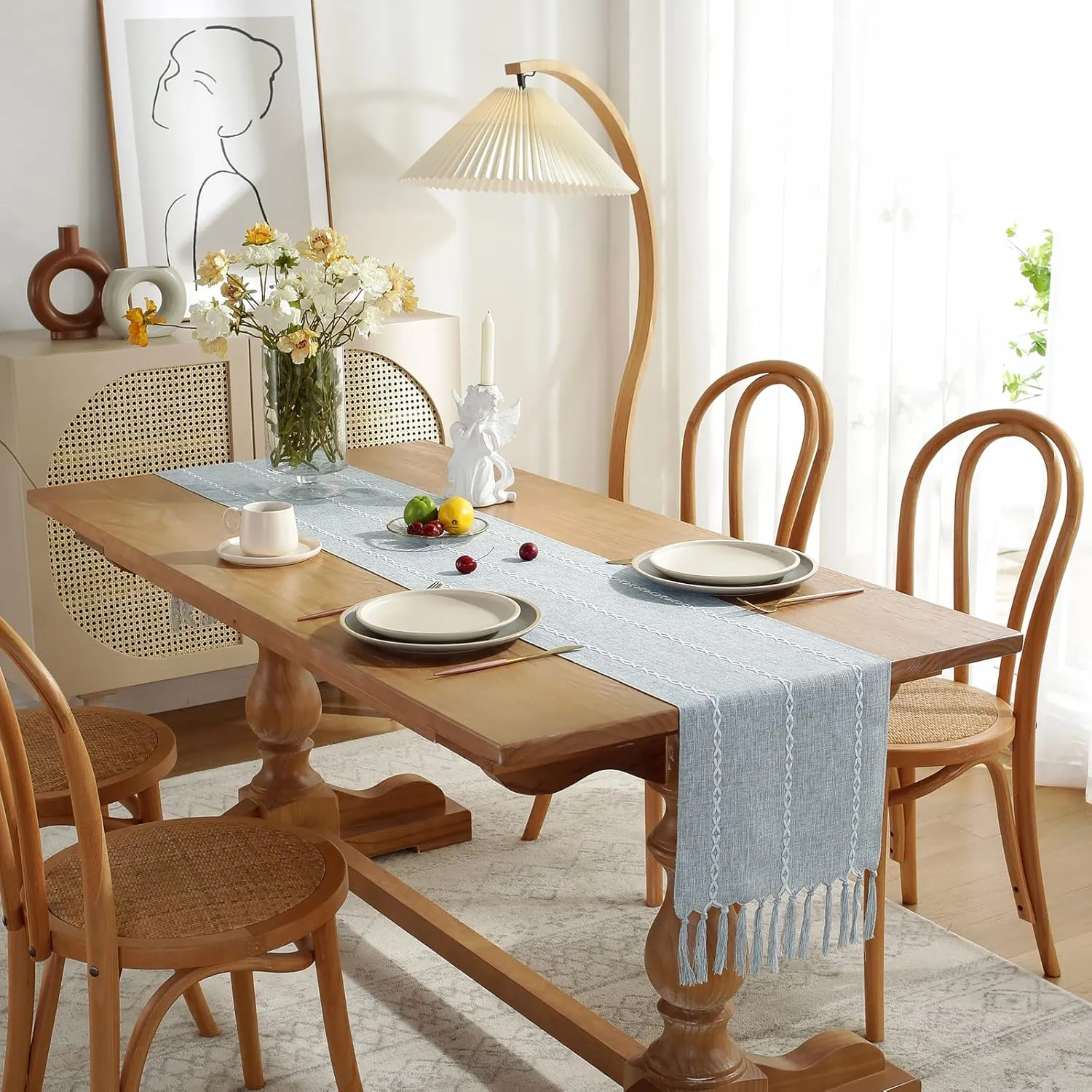 Wracra Rustic Linen Table Runner Farmhouse Style Table Runners 60 inches Long Embroidered Table Runner with Hand-Tassels for Party, Dresser Decor and Dining Room Decorations (Dusty Blue, 13"×60")