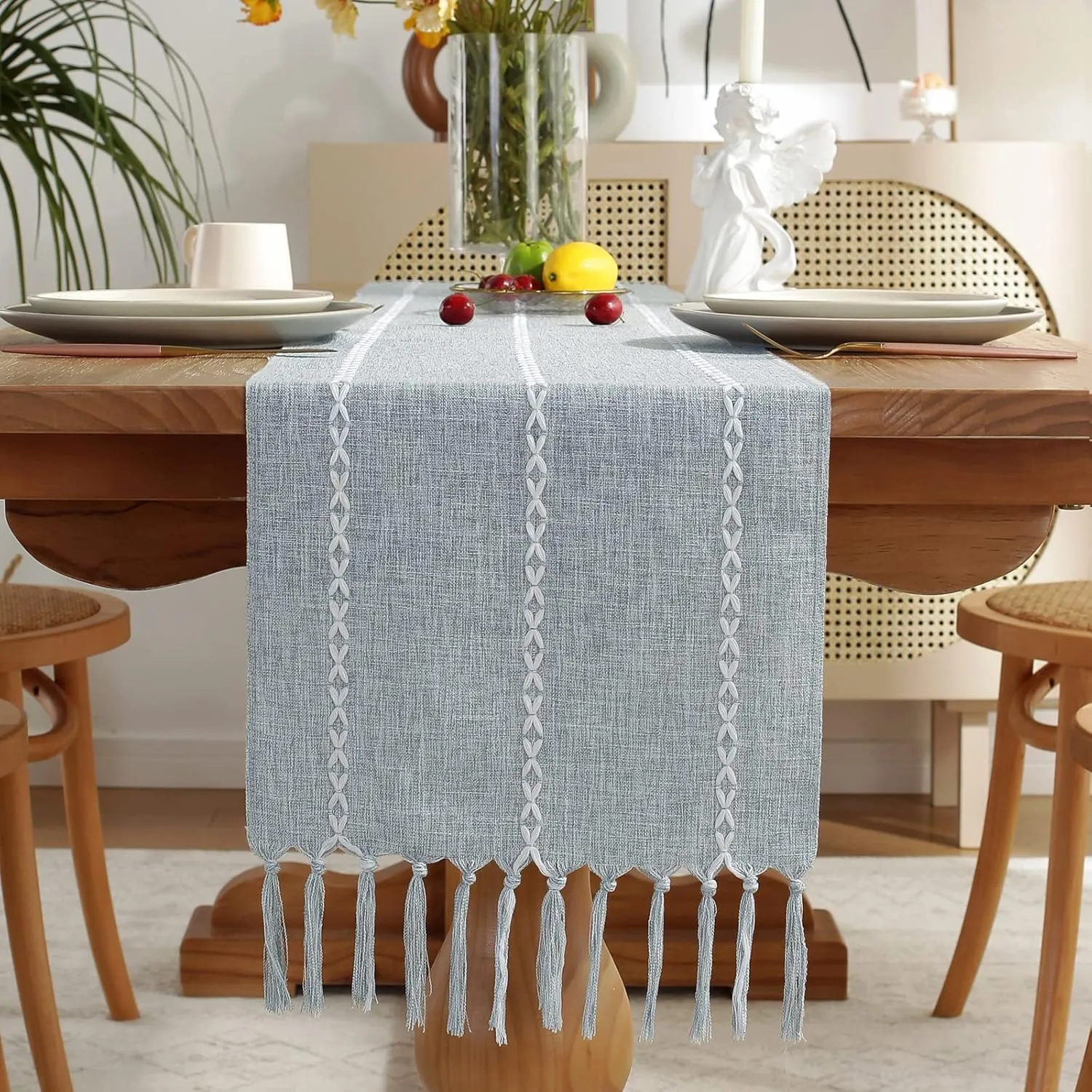 Wracra Rustic Linen Table Runner Farmhouse Style Table Runners 60 inches Long Embroidered Table Runner with Hand-Tassels for Party, Dresser Decor and Dining Room Decorations (Dusty Blue, 13"×60")