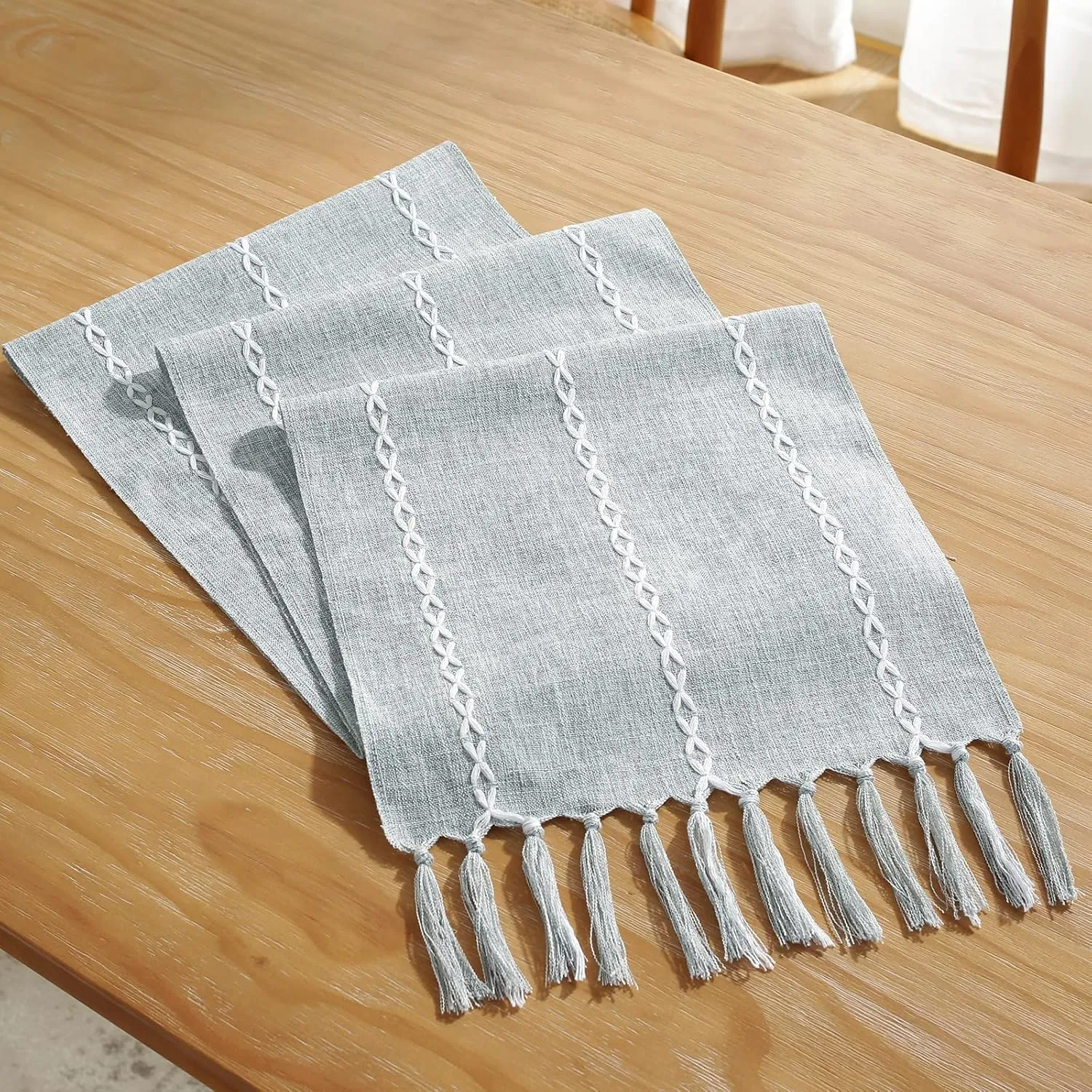 Wracra Rustic Linen Table Runner Farmhouse Style Table Runners 60 inches Long Embroidered Table Runner with Hand-Tassels for Party, Dresser Decor and Dining Room Decorations (Dusty Blue, 13"×60")