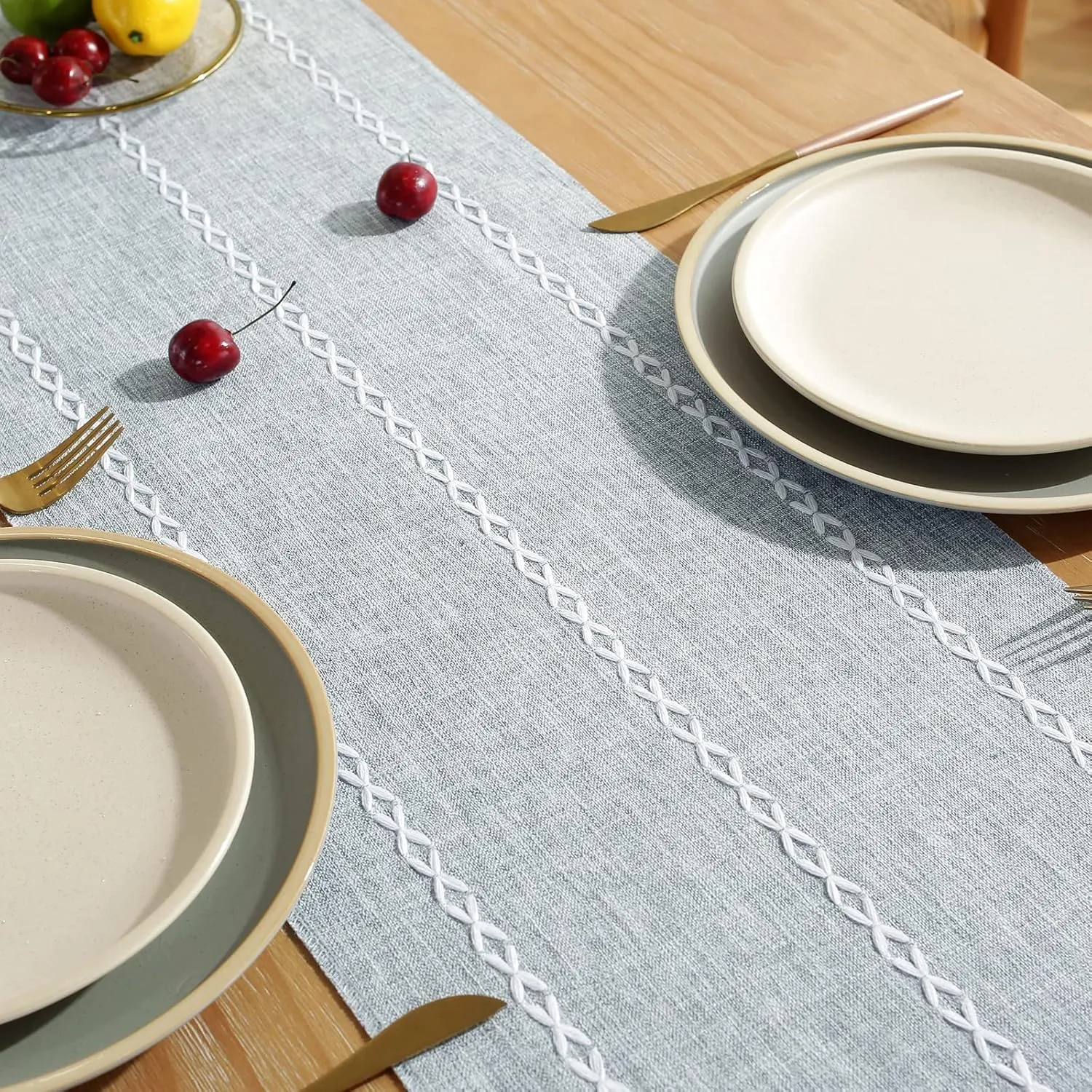 Wracra Rustic Linen Table Runner Farmhouse Style Table Runners 60 inches Long Embroidered Table Runner with Hand-Tassels for Party, Dresser Decor and Dining Room Decorations (Dusty Blue, 13"×60")