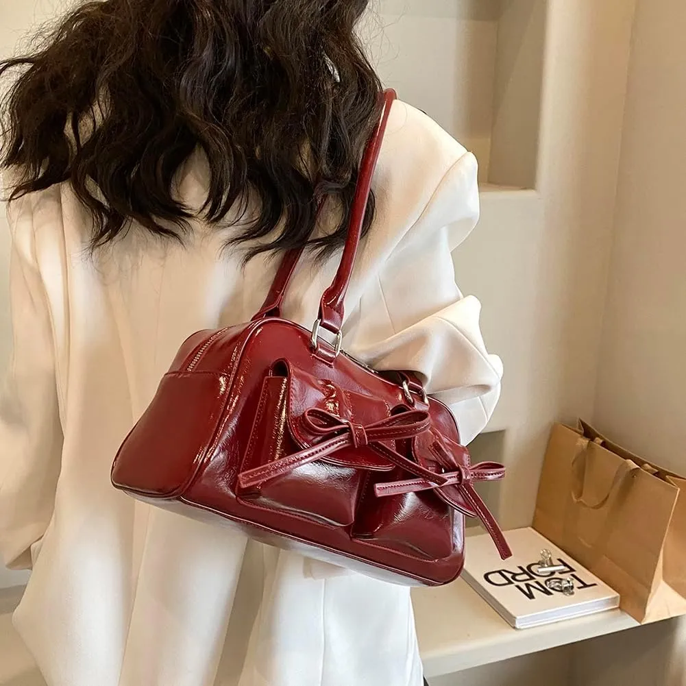 Y2k Cute Bows Purse for Women Aesthetic PU Leather Bowknot Bag Coquette Double Zip Top Handle Dome Satchel Bag