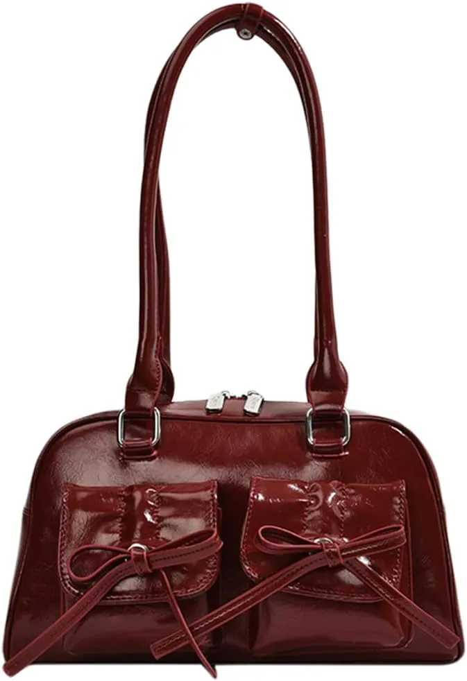 Y2k Cute Bows Purse for Women Aesthetic PU Leather Bowknot Bag Coquette Double Zip Top Handle Dome Satchel Bag