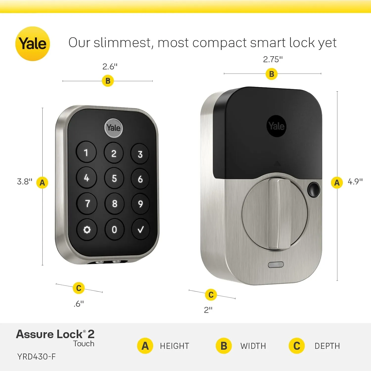 Yale Assure Lock 2 Touch Deadbolt, Satin Nickel Key-Free Smart Entry Door Lock with Bluetooth Connected Keypad and Fingerprint Scanner for Code Entry (No Wi-Fi), YRD430-F-BLE-619