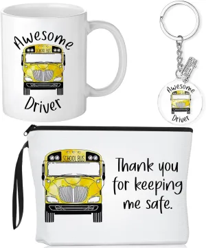 Yungyan 3 Pcs School Bus Driver Appreciation Gifts for Men Women Bus Cosmetic Bag Coffee Mug 11 oz Awesome Driver Keychain Funny Bus Driver Thank You Gifts Back to School Gifts for Bus Driver