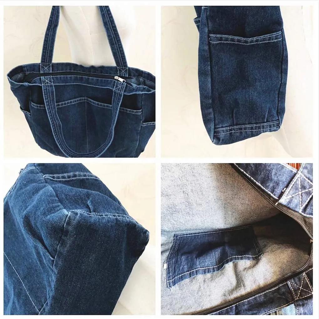 YunZh Denim Tote Bag Casual Style Lightweight Classic Retro Travel Shopper Shoulder Handbag