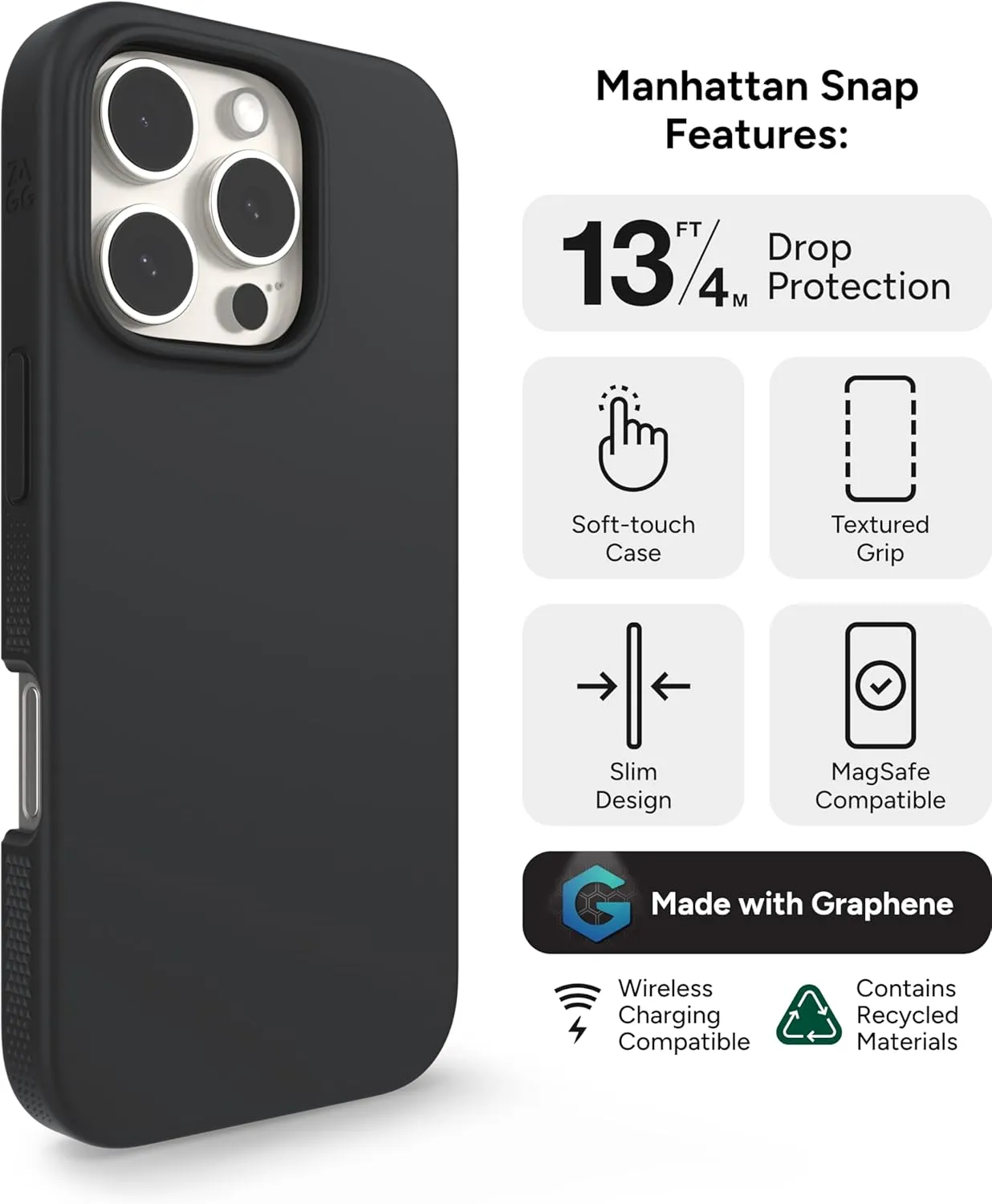ZAGG Manhattan Snap for iPhone 16 Pro Case - MagSafe Compatible, 13ft Drop Protection, Strengthened with Graphene, Soft-Touch Silicone, Slim & Lightweight Design, 96% Recycled Content, Black