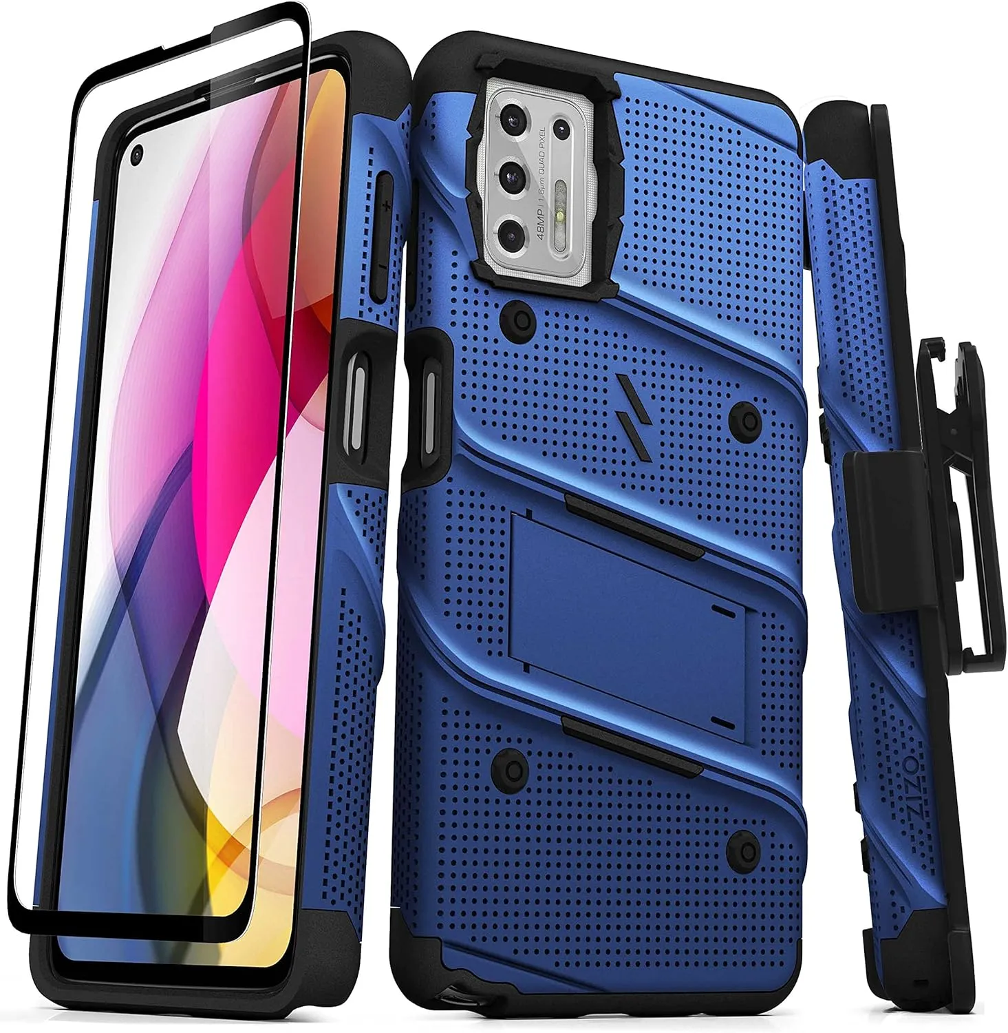 ZIZO Bolt Series for Moto G Stylus (2021) Case with Screen Protector Kickstand Holster Lanyard - Blue & Black