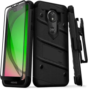 ZIZO Bolt Series Moto G7 Play Case Heavy-Duty Military Grade Drop Tested Bundle with Full Glue Glass Screen Protector Holster and Kickstand Black Black