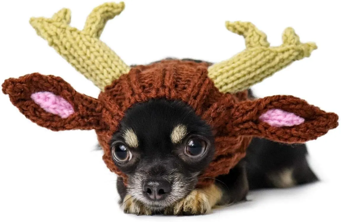 Zoo Snoods Reindeer Costume - Deer Antler Knit Dog Snood Wrap for Pets, Warm Neck Ear Cover Protection for Halloween and Winter (Small)