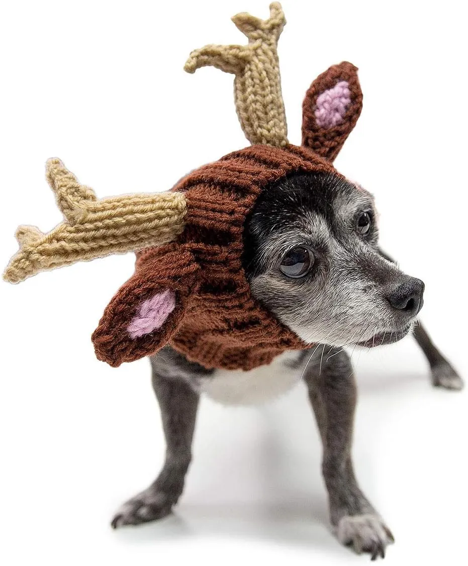 Zoo Snoods Reindeer Costume - Deer Antler Knit Dog Snood Wrap for Pets, Warm Neck Ear Cover Protection for Halloween and Winter (Small)